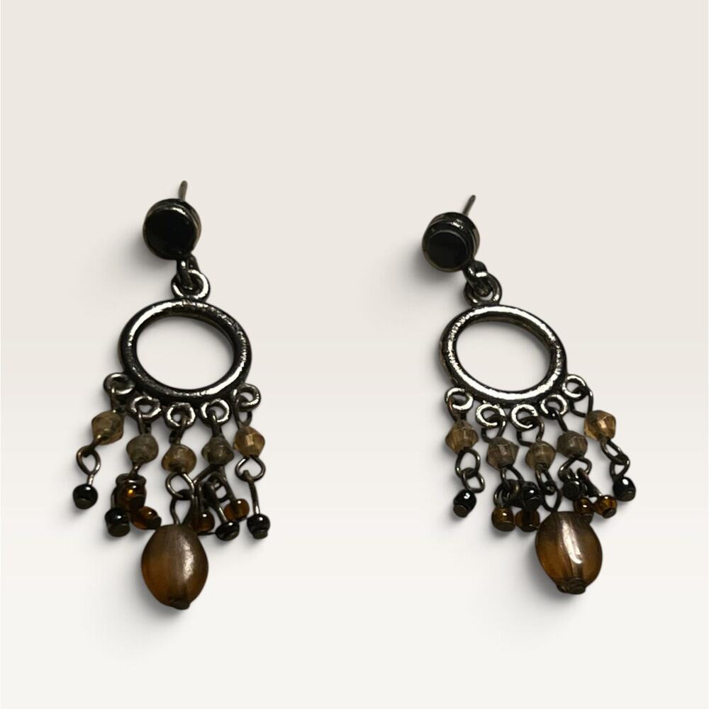 Vintage Gunmetal Chandelier Drop Earrings – Amber & Topaz Glass Bead Earrings